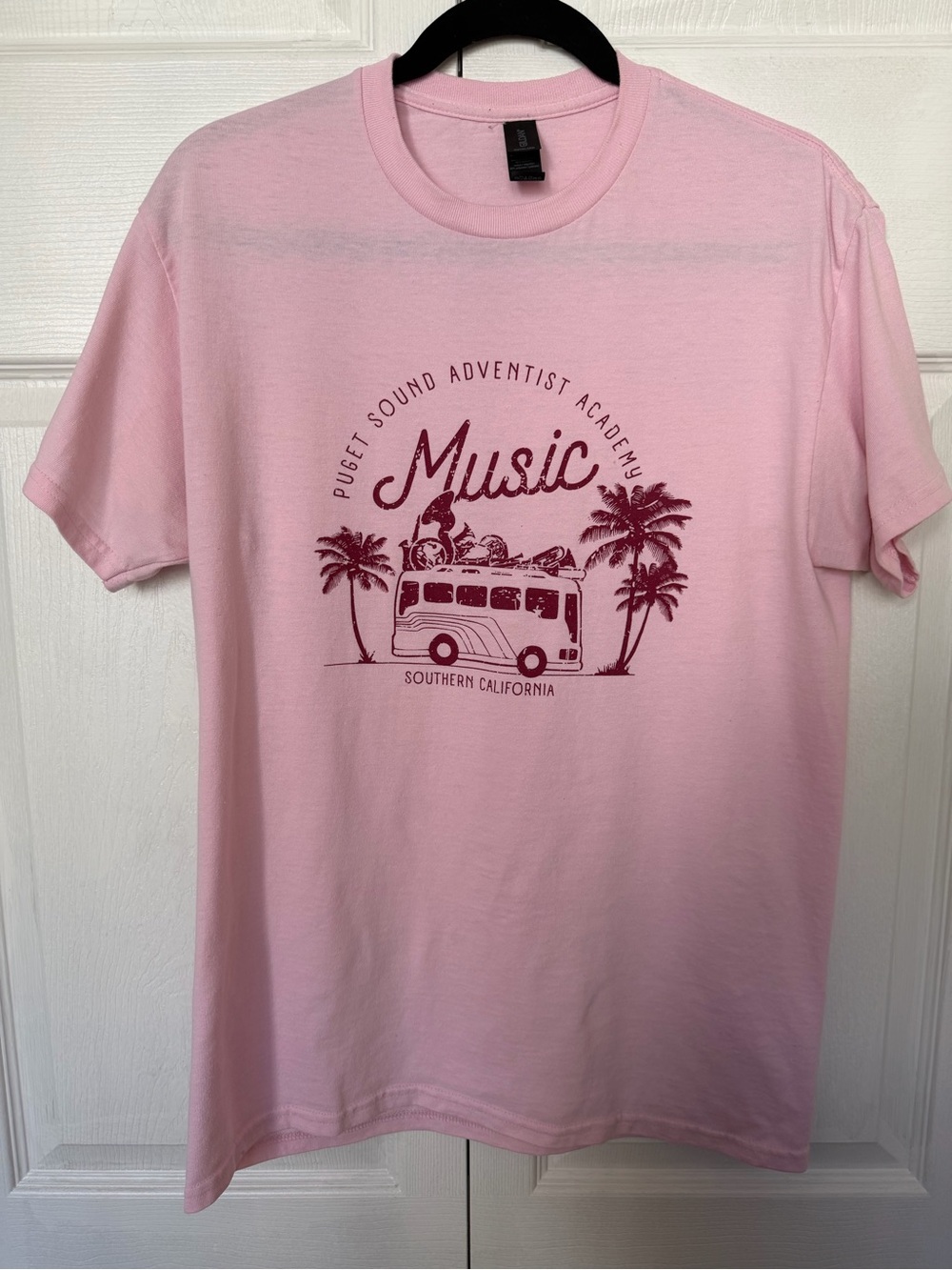 Gildan DryBlend Pink Graphic Print Crew Neck T-Shirt M Short Sleeve Music CA